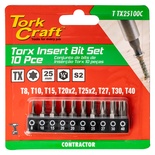 10PC TORX 25MM INSERT BIT SET (T8, T10, T15, T20X2, T25X2, T27, T30, T